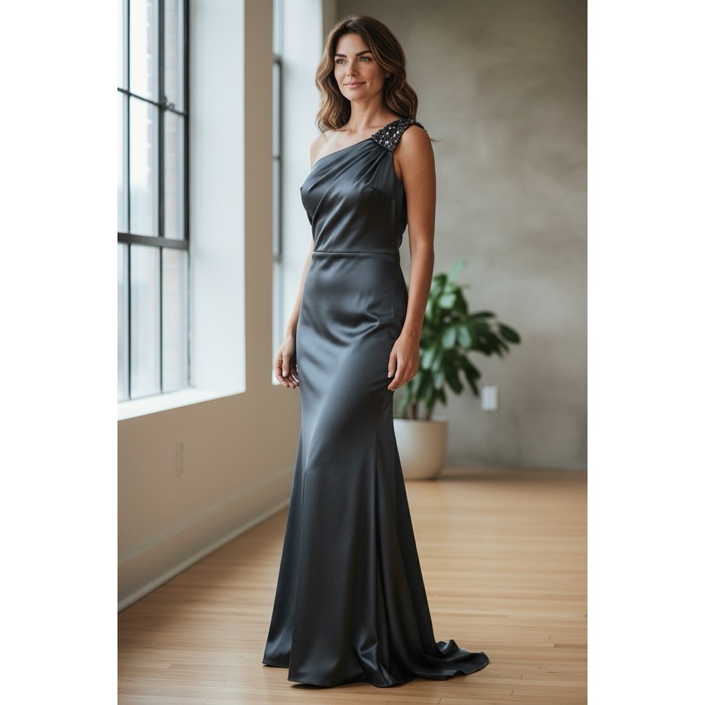 Blondie Nites Blue Satin One Shoulder Mermaid Gown Dress Size 5 Formal Beaded